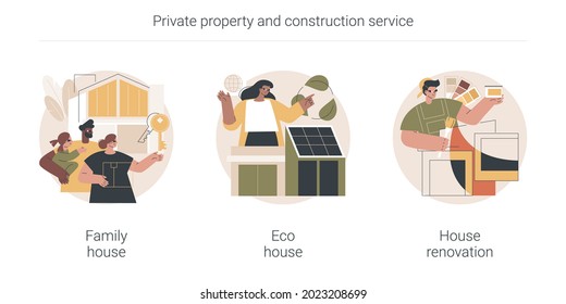 Private property and construction service abstract concept vector illustration set. Family home, eco house listing, single-family detached house renovation, environmentally friendly abstract metaphor.