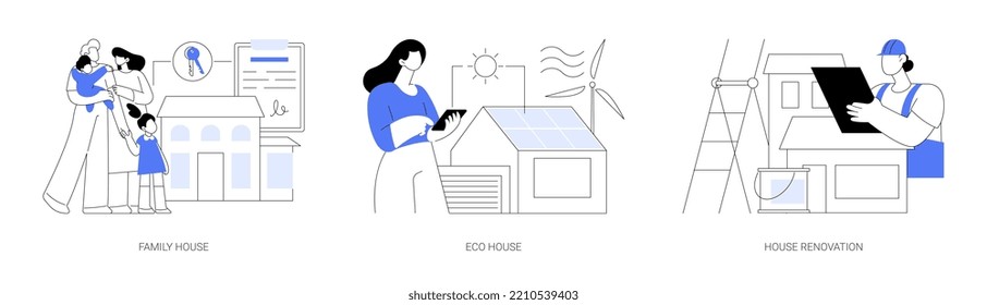 Private property and construction service abstract concept vector illustration set. Family home, eco house listing, single-family detached house renovation, environmentally friendly abstract metaphor.