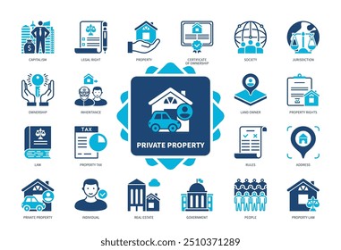 Symbolsatz für private Eigenschaften. Recht, Kapitalismus, Immobilien, Recht, Einzelperson, Erbe, Grundeigentümer, Eigentum. Duotonfarben-Volltonsymbole