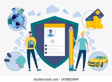 Private property insurance, transport, business, human health and life. Insurance broker, insurance brokerage services, insurance agent near you concept. Colorful vector illustration