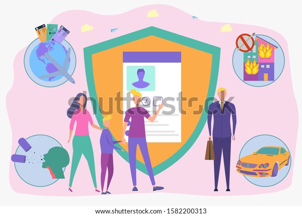 Private\
property insurance, transport, business, human health and life.\
Insurance broker, insurance brokerage services, insurance agent\
near you concept. Colorful vector\
illustration