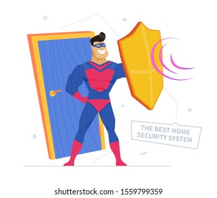 Private property safety metaphor flat vector illustration. Best home security system banner design element. Superhero defending door cartoon character. Thieves and burglars protection service