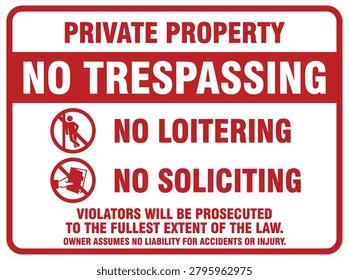 Private property sign icon. Security restriction related line icons: no trespassing, no loitering, no soliciting, property protection, access control, warning notice, restricted area and surveillance regulations. Editable vector template. Vector illustration.