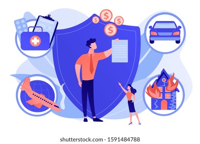 Private property, transport and life protection. Insurance broker, insurance brokerage services, insurance agent near you concept. Pink coral blue vector isolated illustration