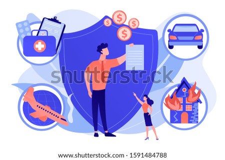 Private property, transport and life protection. Insurance broker, insurance brokerage services, insurance agent near you concept. Pink coral blue vector isolated illustration