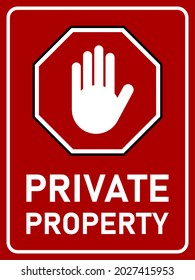 Firma de advertencia bilingüe vertical de propiedad privada en inglés y español con icono Stop Hand. Imagen vectorial. 