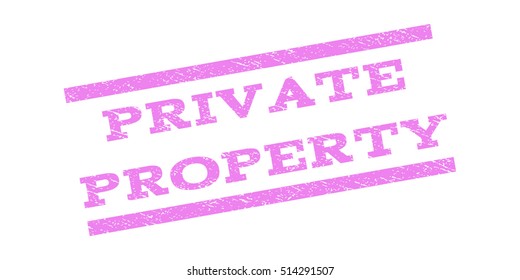 Private Property watermark stamp. Text tag between parallel lines with grunge design style. Rubber seal stamp with unclean texture. Vector violet color ink imprint on a white background.