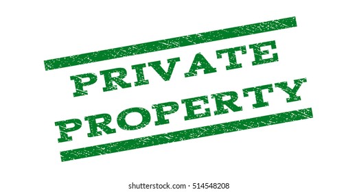 Private Property watermark stamp. Text caption between parallel lines with grunge design style. Rubber seal stamp with dust texture. Vector green color ink imprint on a white background.
