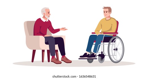 Private psychotherapy session semi flat RGB color vector illustration. Post-traumatic stress disorder. Rehabilitation, recovery period. Talk therapy. Isolated cartoon character on white background