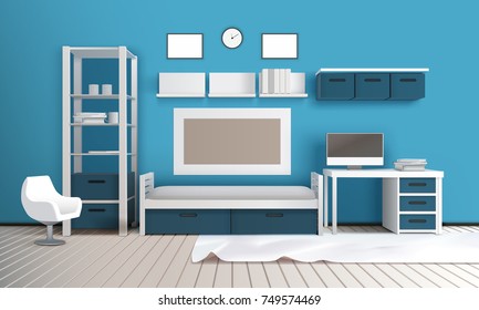 Private room realistic 3c interior with blue wall shelves television set desktop computer frames and carpet vector illustration