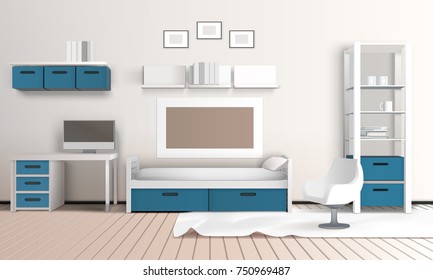 Private room realistic 3d interior with modern parlour in blue and white color scheme with domestic technics vector illustration