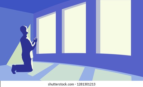 Private room and true prayer, unity wich Father who sees in secret, yellow light penetrate from windows