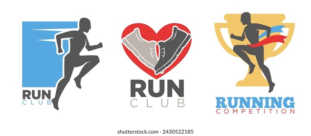 Private run club icons or emblems with sneakers in heart, running men silhouettes for tournament or competition, marathon and healthy lifestyle company. Sticker or logotype. Vector in flat style