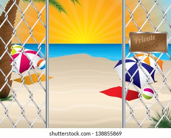 Private sandy beach entrance with wired fence