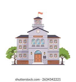 Private school building icon in flat style. Isolated clip art on white background. Perfect for education themes or Back to School concept. Front view. University, high school, college. Vector.