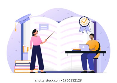 Private School Teacher Is Teaching Student Kid. Female Private School Worker Is Teaching Little Child. Male Student Is Studying At His Desk With Laptop. Flat Cartoon Vector Illustration