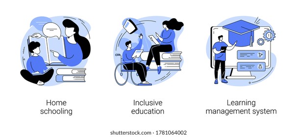 Private schooling curriculum abstract concept vector illustration set. Homeschooling, inclusive education, learning management system, online tutor, individual plan, mobile device abstract metaphor.