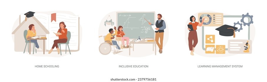 Private schooling curriculum isolated concept vector illustration set. Homeschooling, inclusive education, learning management system, online tutor, individual plan, mobile device vector concept.