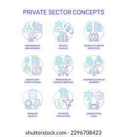 Private sector blue gradient concept icons set. Business and property ownership. Economics industry idea thin line color illustrations. Isolated symbols. Roboto-Medium, Myriad Pro-Bold fonts used