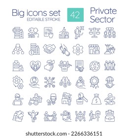 Private sector of economics linear icons set. Business ownership type. Development of entrepreneurship. Customizable thin line symbols. Isolated vector outline illustrations. Editable stroke