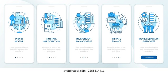 Private sector features blue onboarding mobile app screen. Business walkthrough 5 steps editable graphic instructions with linear concepts. UI, UX, GUI template. Myriad Pro-Bold, Regular fonts used