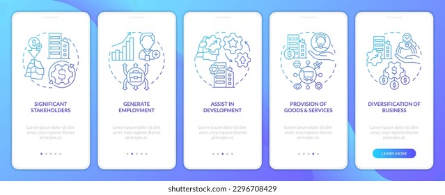 Pantalla de aplicación móvil con degradado azul de rol del sector privado. Recorrido de comercio 5 pasos de instrucciones gráficas con conceptos lineales. UI, UX, plantilla GUI. Multitud de tipos de letra Pro-Bold, con uso regular