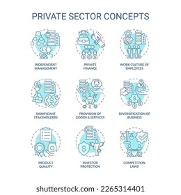 Private sector turquoise concept icons set. Business ownership. Economics industry idea thin line color illustrations. Isolated symbols. Editable stroke. Roboto-Medium, Myriad Pro-Bold fonts used