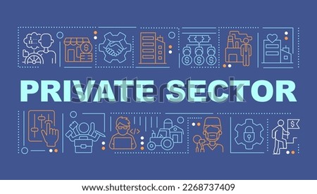 Private sector word concepts dark blue banner. Business organization. Infographics with editable icons on color background. Isolated typography. Vector illustration with text. Arial-Black font used