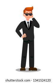 Private Security Bodyguard Task Cartoon Character. Security Officer with Headphones Flat Vector Illustration. Security Agency Staff. Secret Agent in Black Suit. Protection Services Clipart