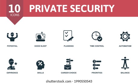 Private Security icon set. Contains editable icons personal protection theme such as procedural mask, respirator, protective headphones and more.
