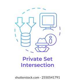 Ícone de conceito de gradiente azul de interseção de conjunto privado. Tipo de tecnologias de reforço da privacidade. Comparação de dados. Ilustração de linha de forma redonda. Ideia abstrata. Design gráfico. Fácil de usar no artigo