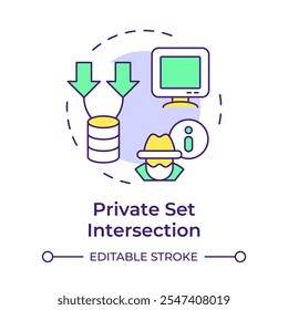 Ícone de conceito de várias cores de interseção de conjunto privado. Tipo de tecnologias de reforço da privacidade. Comparação de dados. Ilustração de linha de forma redonda. Ideia abstrata. Design gráfico. Fácil de usar no artigo