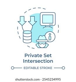 Ícone de conceito azul suave de interseção de conjunto privado. Tipo de tecnologias de reforço da privacidade. Comparação de dados. Ilustração de linha de forma redonda. Ideia abstrata. Design gráfico. Fácil de usar no artigo