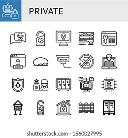 private simple icons set. Contains such icons as Lock, Hacker, Do not disturb, Fences, Password, Cloud gate, Security camera, Antivirus, Locker, can be used for web, mobile and logo