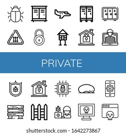 private simple icons set. Contains such icons as Antivirus, Fence, Lockers, Lock, Small plane, Wooden house, Locker, Hacker, Fences, Unlock, can be used for web, mobile and logo