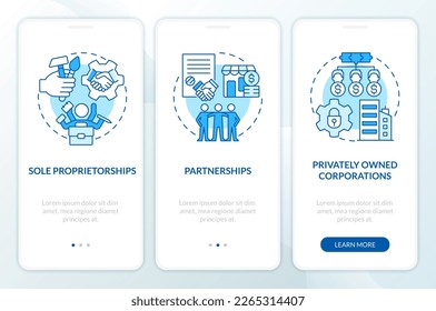Pantalla de aplicación móvil incorporada de pequeñas y medianas empresas privadas. Recorrido 3 pasos instrucciones gráficas editables con conceptos lineales. UI, UX, plantilla GUI. Multitud de tipos de letra Pro-Bold, con uso regular