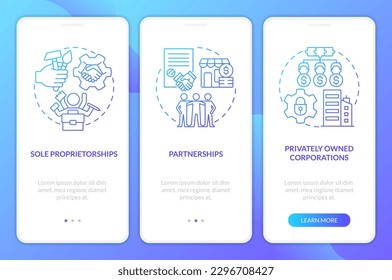 Private small and medium businesses blue gradient onboarding mobile app screen. Walkthrough 3 steps graphic instructions with linear concepts. UI, UX, GUI template. Myriad Pro-Bold, Regular fonts used