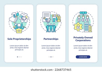 Private small and medium size businesses onboarding mobile app screen. Walkthrough 3 steps editable graphic instructions with linear concepts. UI, UX, GUI template. Myriad Pro-Bold, Regular fonts used