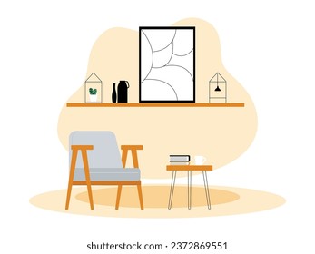 Private space with minimalist concept, comfortable single chair for relaxing use, interior and furniture vector illustration.