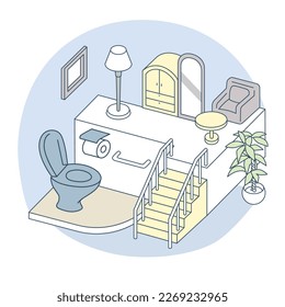 Private space.
Toilets and railings.