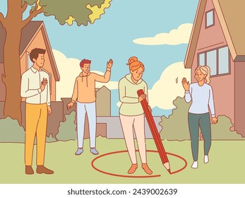 Private space violation and protection. Girl outlines boundaries around herself, people overstepping bounds, social distance, woman drawing red line cartoon flat isolated vector concept