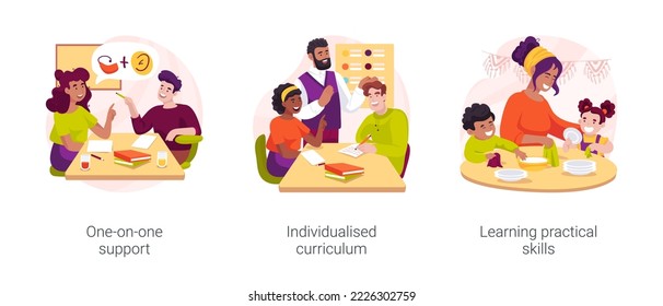 Private special education school isolated cartoon vector illustration set. One-on-one support, individualised curriculum, learning practical skills, classes for disabled children vector cartoon.