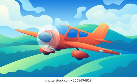 Private sport transport plane flying over fields aerial view. Commercial airplane in cartoon style traveling.