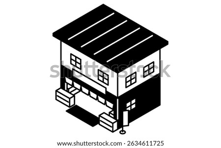 Private store with goodwill, simple black and white line drawing isometric illustration, Vector Illustration
