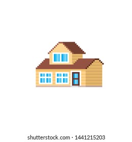 Private suburban house. Pixel art. Old school computer graphic. 8 bit video game. Game assets 8-bit sprite.