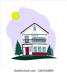 Private suburban house with trees. Vector illustration in flat style