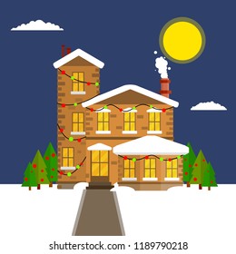 Private suburban house in winter landscape with forest and snow. New year and Christmas celebration. The building is decorated with garlands and lights. Night view
