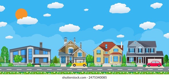 Private suburban houses with car, trees, road, sky and clouds. Village. Vector illustration in flat style