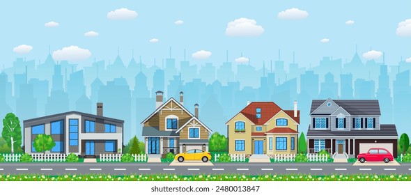 Private suburban houses with car, trees, road, sky and clouds. Cityscape. Vector illustration in flat style