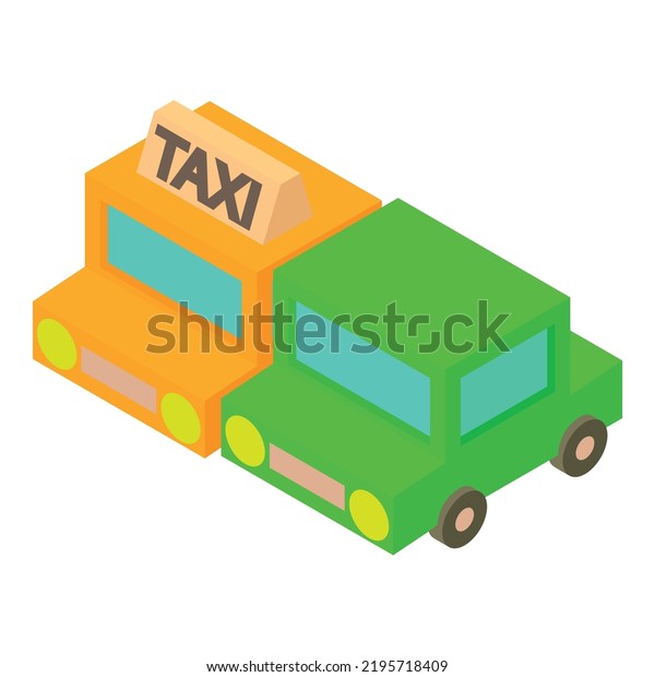 Private transport icon isometric vector. Yellow\
taxi service car, passenger car. Ground passenger transportation,\
trip, journey